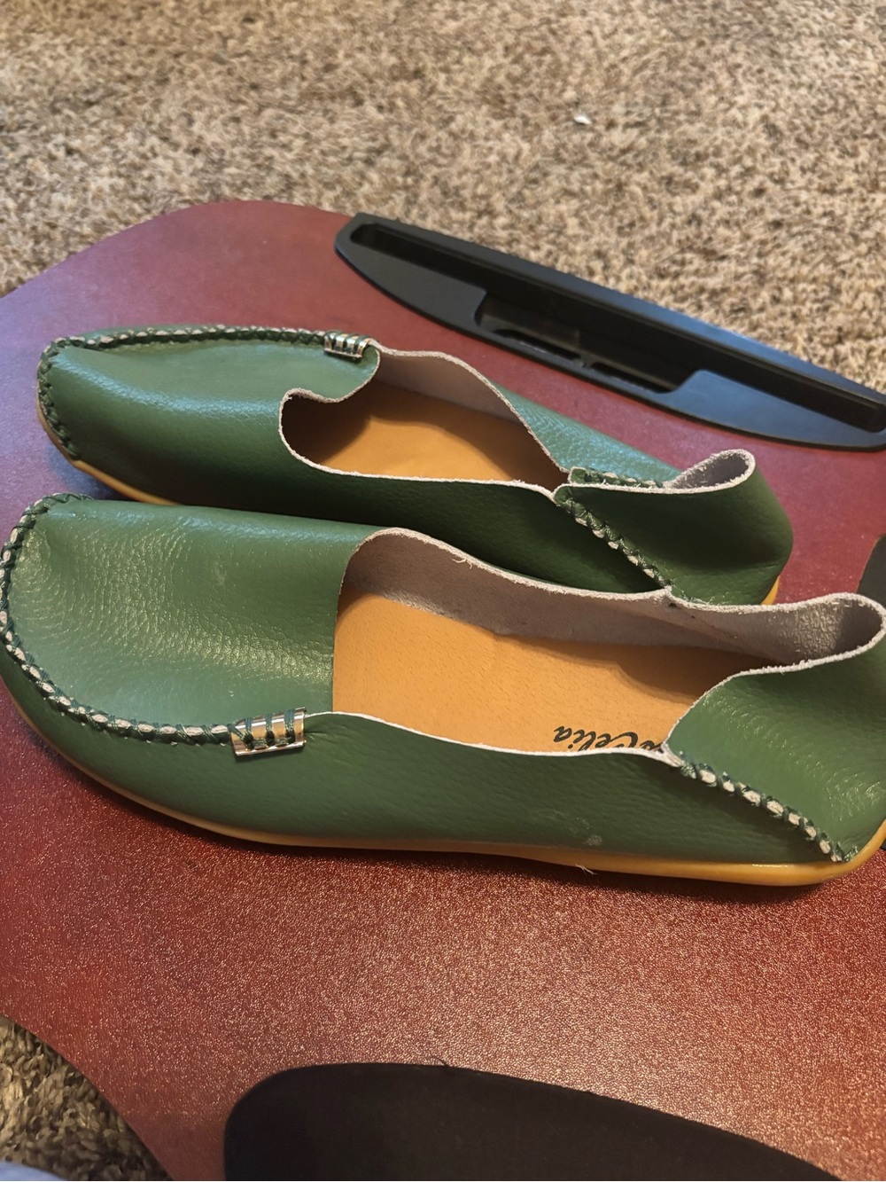 VENUS Green Leather Slip-On Loafers with Tan Insole